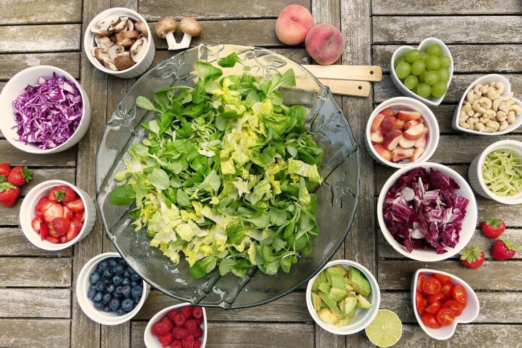 Salad, fruit, and vegetables