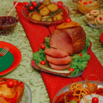 Ham and foods on table