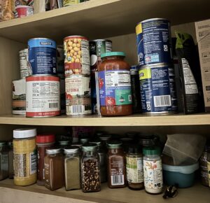 Food on cupboard shelves